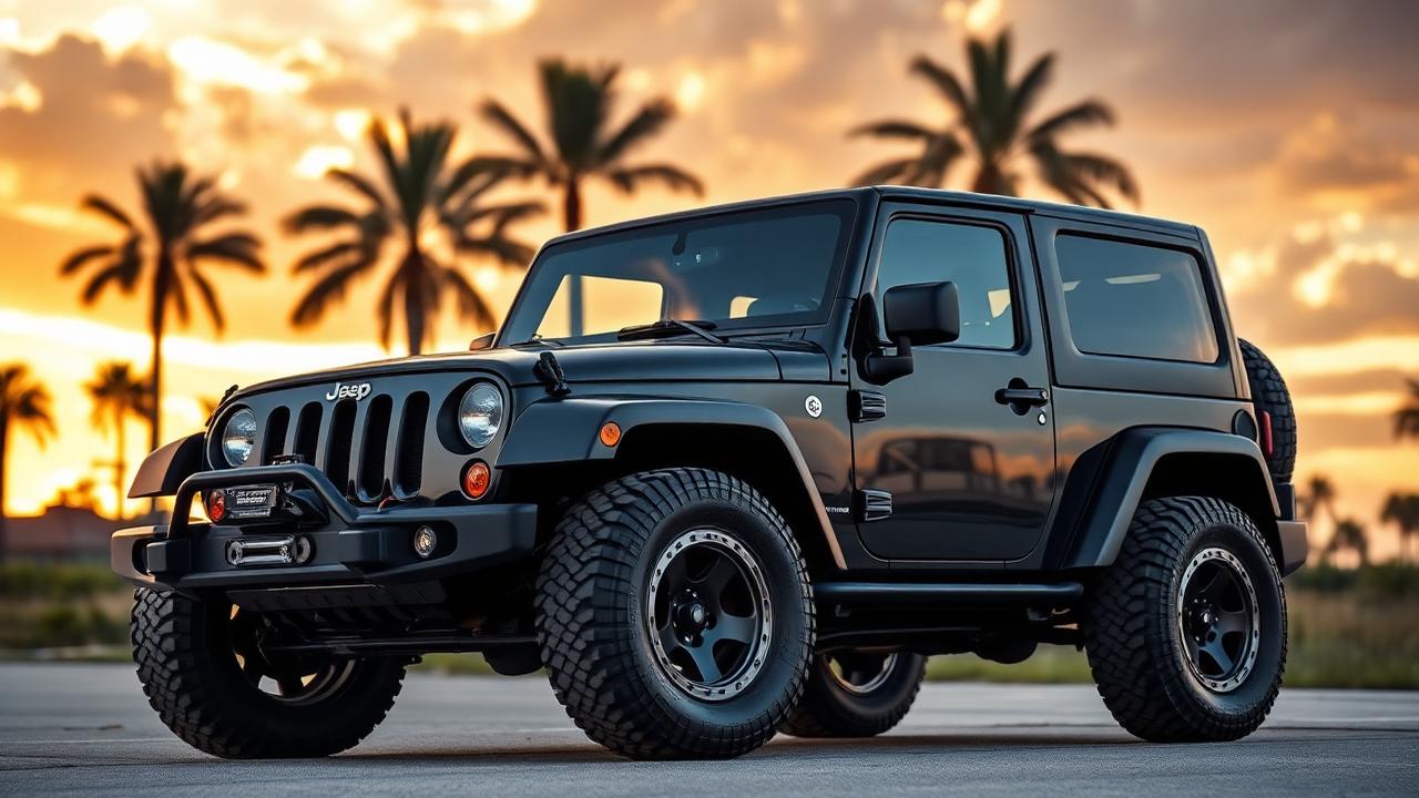 Fully restored Jeep Wrangler with perfect paint, hard top, trim and flares at sunset