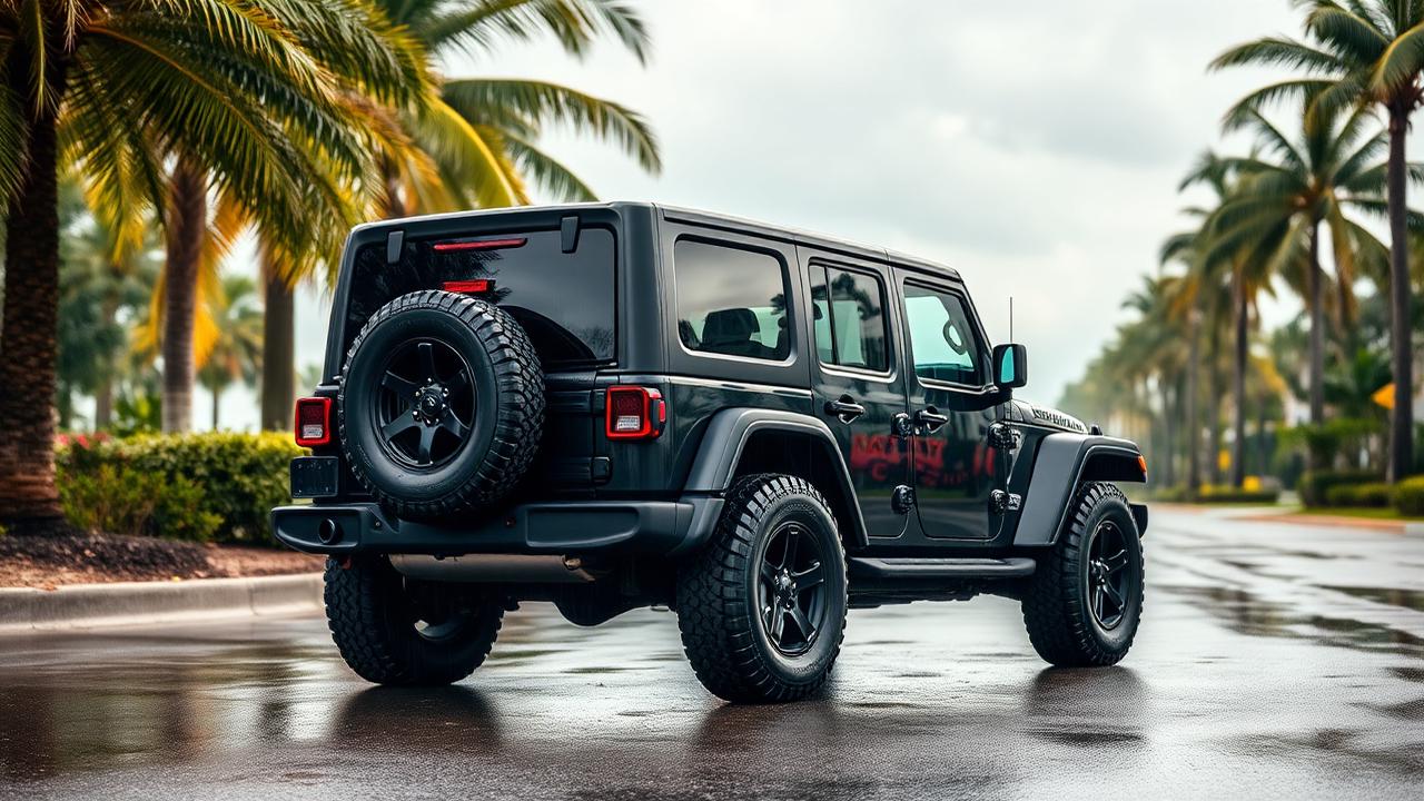 Restored black Jeep standing strong under Florida palms after years of weather