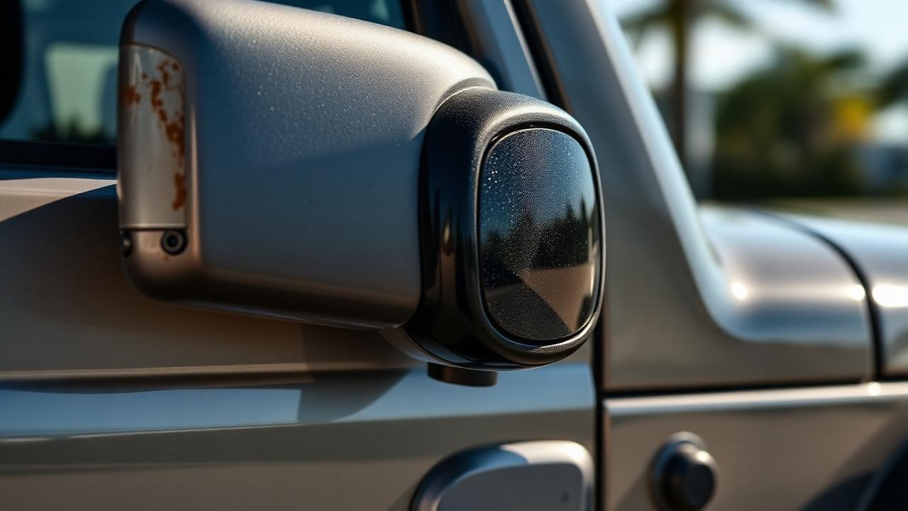 Jeep side mirror and trim shown half oxidized gray and half restored deep black