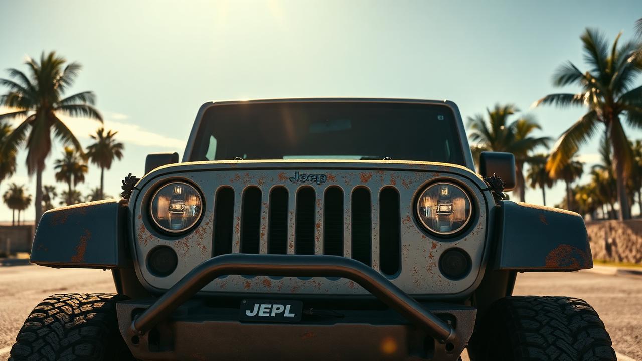 Faded Jeep parked under intense Florida sun with palm trees and heat shimmer