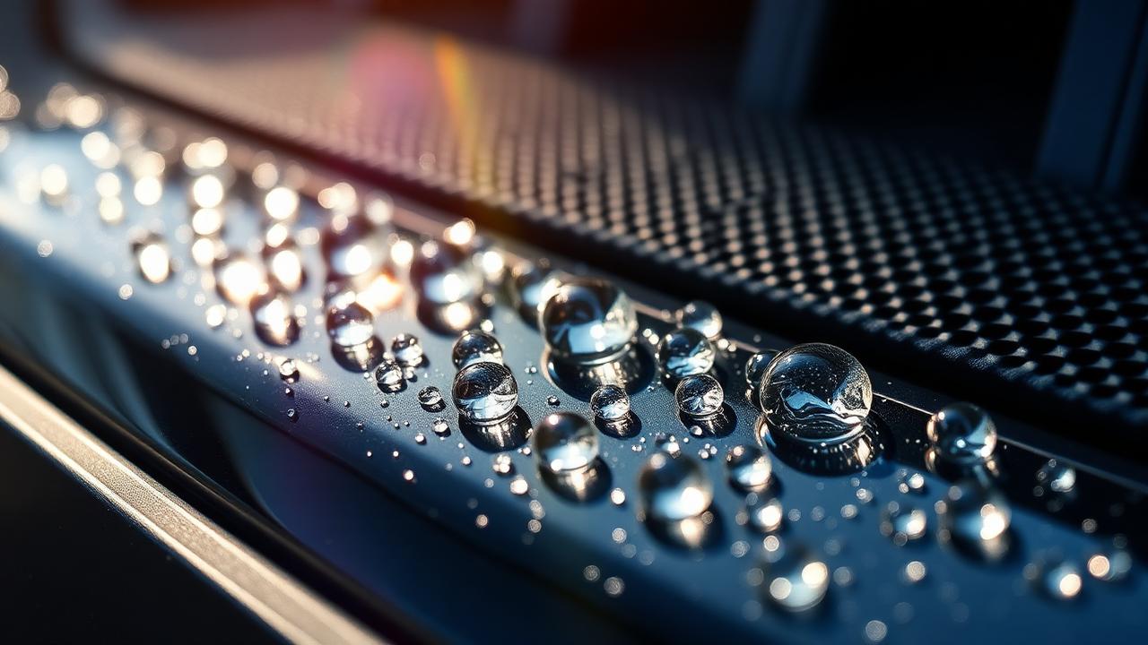 Macro view of water beading on ceramic-coated Jeep paint and textured trim