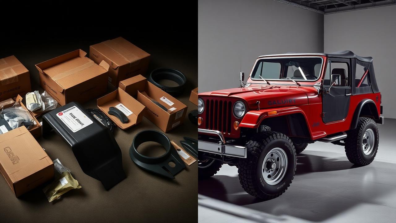 Split image of new replacement Jeep parts in boxes beside a restored original Jeep