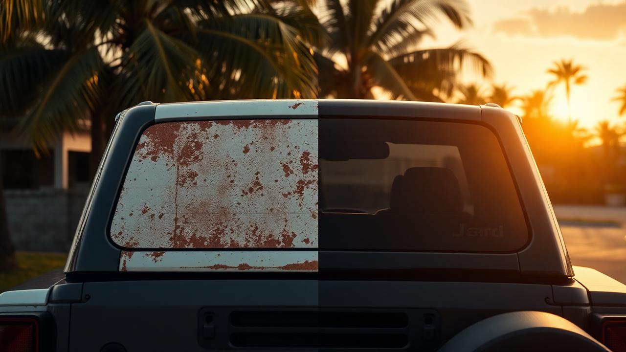 Chalky faded Jeep hard top transitioning to rich glossy black under Florida sunshine