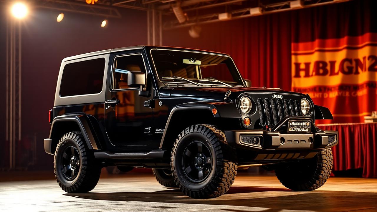 Beautifully restored black Jeep Wrangler on a premium auction stage under warm lights