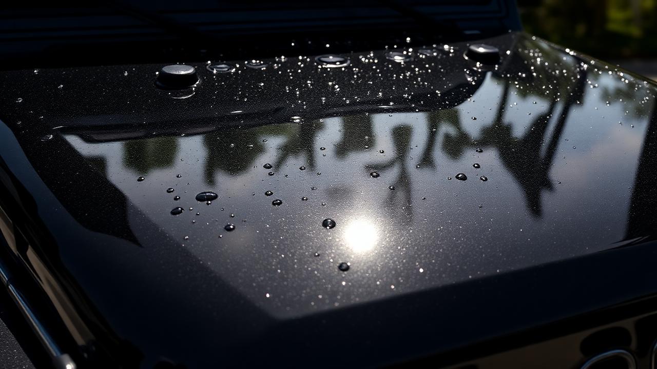 Restored black Jeep hood with ceramic coating water beading in bright sunlight